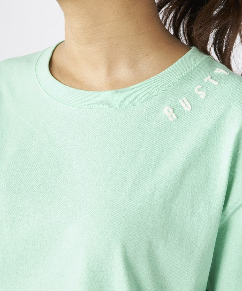 RUSTYレディース ニコちゃん相良刺繍Tシャツ 襟ワンポイント