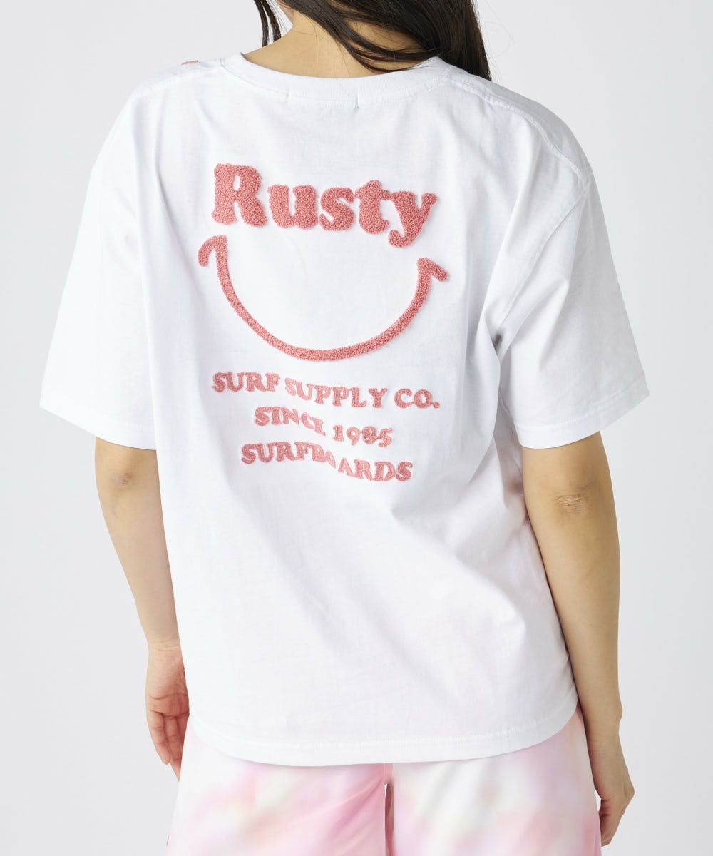 RUSTYレディース ニコちゃん相良刺繍Tシャツ 襟ワンポイント