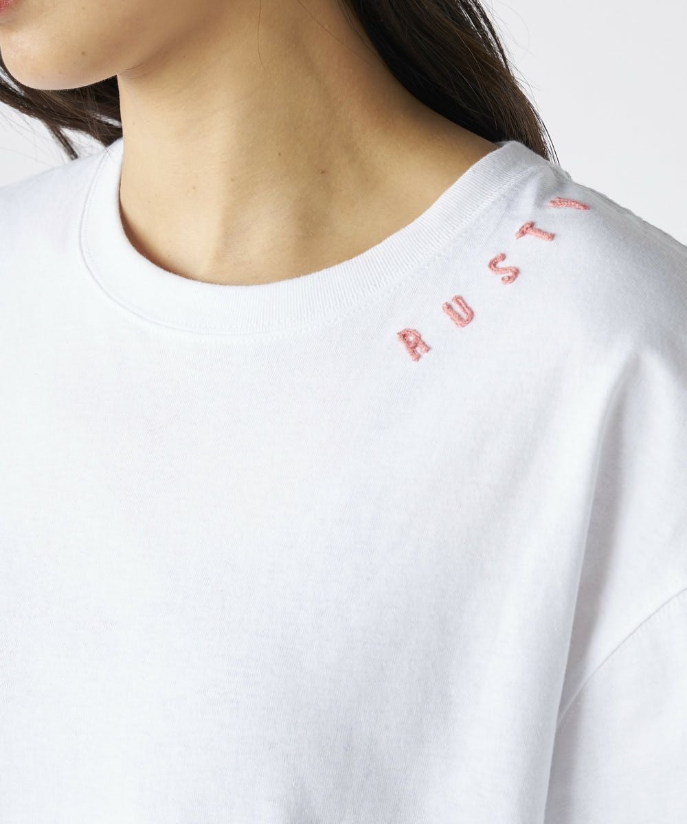 RUSTYレディース ニコちゃん相良刺繍Tシャツ 襟ワンポイント