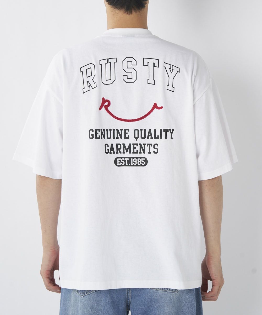RUSTYメンズ ニコちゃん バックロゴ相良刺繍グラフィックTシャツ