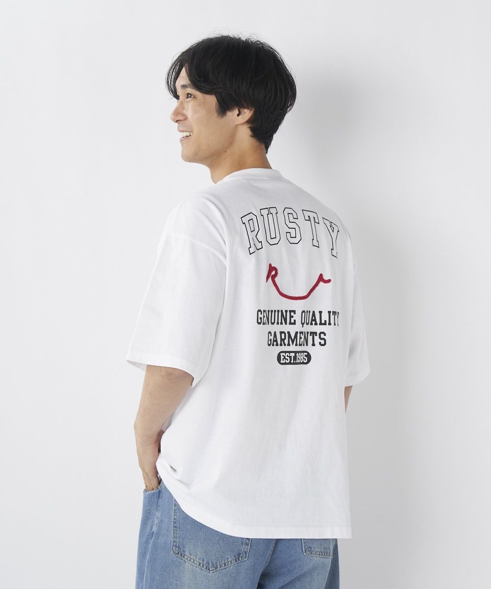 RUSTYメンズ ニコちゃん バックロゴ相良刺繍グラフィックTシャツ