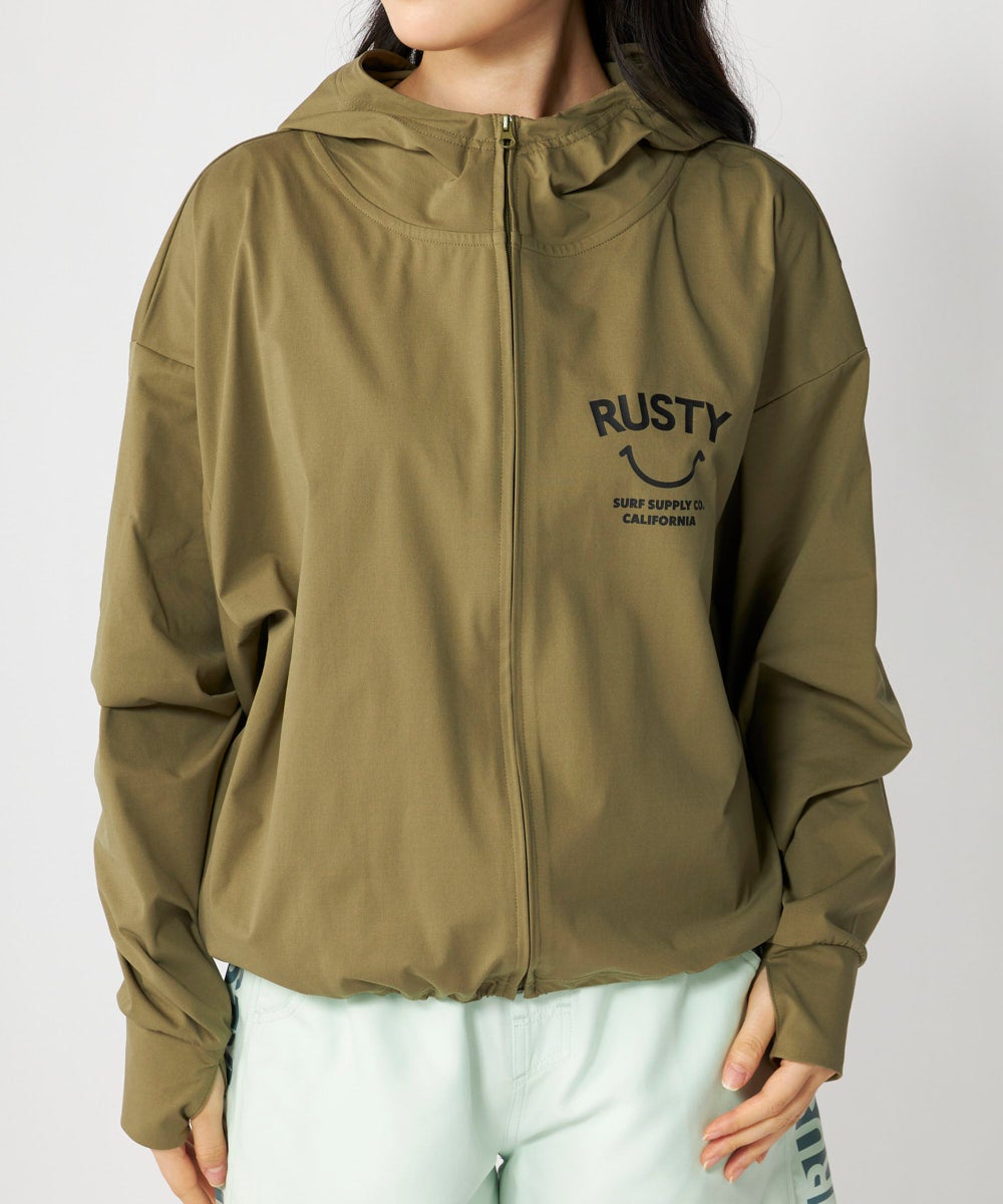 RUSTYレディースペアテックスニコちゃんラッシュパーカー《シワになり